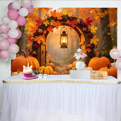 Lofaris Rustic Autumn Backdrop with Fall Leaves, Pumpkins and Lantern, Enchanting Harvest Festival Background for Thanksgiving Decor