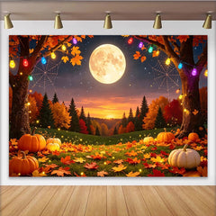 Lofaris Spooky Halloween Backdrop with Full Moon, Pumpkins and Autumn Leaves, Festive Fall Decor for Party Photography