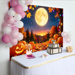 Lofaris Spooky Halloween Pumpkin Full Moon Backdrop with Autumn Leaves, Colorful Lights and Spider Web Background for Fall Party Decor