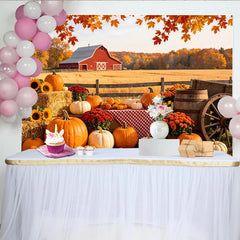 Lofaris Rustic Red Barn Autumn Harvest Backdrop, Pumpkins and Fall Leaves, Farmhouse Photo Background for Fall Party Decor