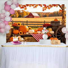Lofaris Autumn Harvest Farm Photography Backdrop with Pumpkins, Hay Bales and Red Barn, Fall Season Background for Thanksgiving Party Decor