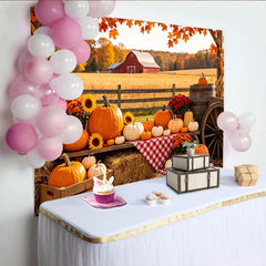 Lofaris Autumn Harvest Farm Photography Backdrop with Pumpkins, Hay Bales and Red Barn, Fall Season Background for Thanksgiving Party Decor