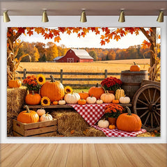 Lofaris Autumn Harvest Farm Photography Backdrop with Pumpkins, Hay Bales and Red Barn, Fall Season Background for Thanksgiving Party Decor