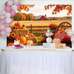 Lofaris Vibrant Autumn Harvest Backdrop with Pumpkins and Hay Bales, Rustic Farm Photography Background for Fall Festival Decor