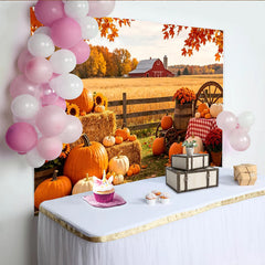 Lofaris Vibrant Autumn Harvest Backdrop with Pumpkins and Hay Bales, Rustic Farm Photography Background for Fall Festival Decor