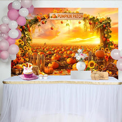 Lofaris Vibrant Pumpkin Patch Holiday Backdrop with Sunset Sky and Autumn Leaves, Rustic Farm Harvest Background for Fall Festival Photography