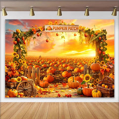 Lofaris Vibrant Pumpkin Patch Holiday Backdrop with Sunset Sky and Autumn Leaves, Rustic Farm Harvest Background for Fall Festival Photography
