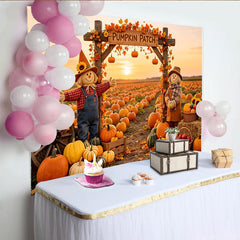 Lofaris Autumn Pumpkin Patch Backdrop with Scarecrows and Sunset, Fall Harvest Photography Background for Party Decor