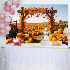 Lofaris Rustic Autumn Pumpkin Patch Backdrop with Wooden Arch and Sunflowers, Vibrant Fall Harvest Background for Thanksgiving Party Decor