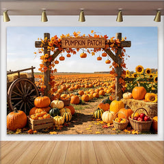 Lofaris Rustic Autumn Pumpkin Patch Backdrop with Wooden Arch and Sunflowers, Vibrant Fall Harvest Background for Thanksgiving Party Decor
