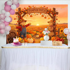 Lofaris Autumn Pumpkin Patch Holiday Backdrop with Scarecrows and Fall Leaves, Sunset Farm Background for Thanksgiving Party Decor