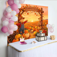 Lofaris Autumn Pumpkin Patch Holiday Backdrop with Scarecrows and Fall Leaves, Sunset Farm Background for Thanksgiving Party Decor