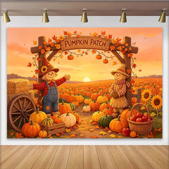 Lofaris Autumn Pumpkin Patch Holiday Backdrop with Scarecrows and Fall Leaves, Sunset Farm Background for Thanksgiving Party Decor