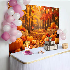 Lofaris Autumn Forest Holiday Backdrop with Pumpkins and Hay Bales, Vibrant Fall Harvest Photography Background for Thanksgiving Decor