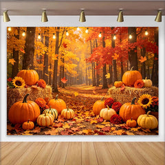 Lofaris Autumn Forest Holiday Backdrop with Pumpkins and Hay Bales, Vibrant Fall Harvest Photography Background for Thanksgiving Decor