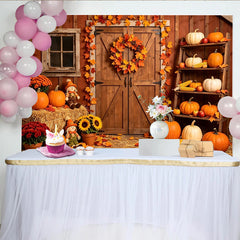 Lofaris Rustic Barn Autumn Photography Backdrop with Pumpkins and Fall Leaves, Harvest Festival Background for Studio Photoshoot