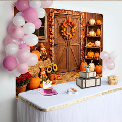 Lofaris Rustic Barn Autumn Photography Backdrop with Pumpkins and Fall Leaves, Harvest Festival Background for Studio Photoshoot