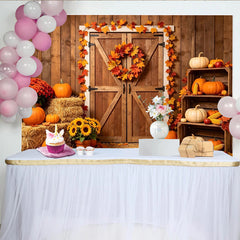 Lofaris Rustic Barn Door Autumn Photography Backdrop with Pumpkins and Hay, Vibrant Fall Harvest Background for Studio Photoshoot