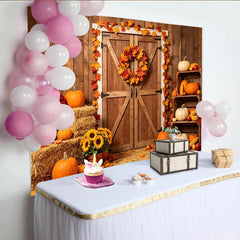 Lofaris Rustic Barn Door Autumn Photography Backdrop with Pumpkins and Hay, Vibrant Fall Harvest Background for Studio Photoshoot