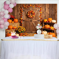 Lofaris Rustic Barn Door Thanksgiving Backdrop with Pumpkins and Autumn Leaves, Harvest Fall Festival Party Decor