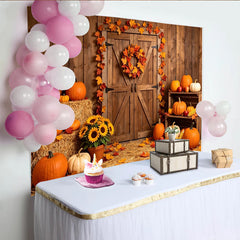 Lofaris Rustic Barn Door Thanksgiving Backdrop with Pumpkins and Autumn Leaves, Harvest Fall Festival Party Decor