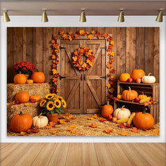 Lofaris Rustic Barn Door Thanksgiving Backdrop with Pumpkins and Autumn Leaves, Harvest Fall Festival Party Decor