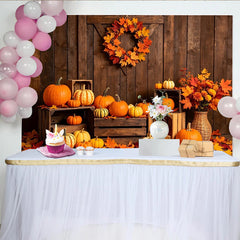 Lofaris Rustic Wood Thanksgiving Backdrop with Pumpkins and Autumn Leaves, Fall Harvest Barn Door Background for Photography