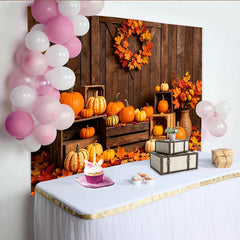 Lofaris Rustic Wood Thanksgiving Backdrop with Pumpkins and Autumn Leaves, Fall Harvest Barn Door Background for Photography
