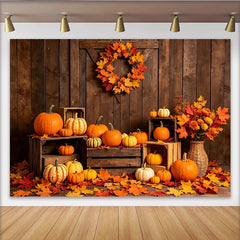 Lofaris Rustic Wood Thanksgiving Backdrop with Pumpkins and Autumn Leaves, Fall Harvest Barn Door Background for Photography