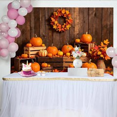 Lofaris Rustic Wood Autumn Harvest Holiday Backdrop with Pumpkins and Leaves, Festive Fall Decor Background for Thanksgiving