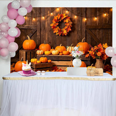 Lofaris Rustic Wood Thanksgiving Backdrop with Pumpkins and Fall Leaves, Warm Autumn Harvest Background for Family Photoshoot and Party Decor
