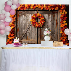 Lofaris Autumn Wooden Barn Photography Backdrop with Maple Leaves, Rustic Fall Foliage Studio Background for Photoshoot
