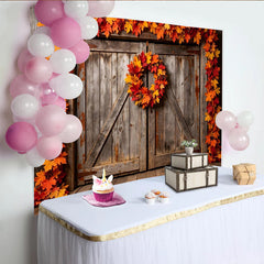Lofaris Autumn Wooden Barn Photography Backdrop with Maple Leaves, Rustic Fall Foliage Studio Background for Photoshoot