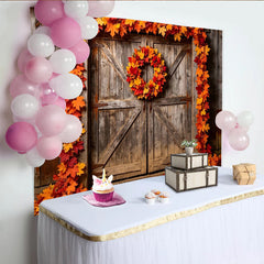 Lofaris Rustic Wood Door Autumn Maple Leaf Photography Backdrop with Wreath, Vibrant Fall Season Photo Background for Studio Photoshoot