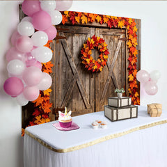 Lofaris Rustic Wooden Barn Door Autumn Backdrop with Maple Leaves, Fall Photography Background for Studio Photoshoot
