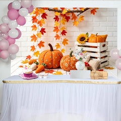 Lofaris Autumn Thanksgiving Backdrop with Pumpkins and Maple Leaves, White Brick Wall Background for Fall Harvest Party Decor