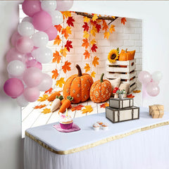 Lofaris Autumn Thanksgiving Backdrop with Pumpkins and Maple Leaves, White Brick Wall Background for Fall Harvest Party Decor