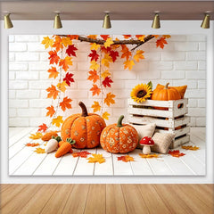 Lofaris Autumn Thanksgiving Backdrop with Pumpkins and Maple Leaves, White Brick Wall Background for Fall Harvest Party Decor