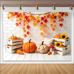 Lofaris Rustic Autumn Photography Backdrop with Fall Leaves, Pumpkins and Sunflowers, Cozy Studio Background for Seasonal Photoshoot