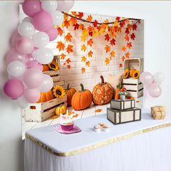 Lofaris Rustic Autumn Photography Backdrop with Maple Leaves and Pumpkins, White Brick Wall Studio Background for Fall Photoshoot