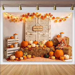 Lofaris Rustic Autumn Pumpkin Patch Holiday Backdrop with Hay Bales and Colorful Pumpkins, Fall Harvest for Seasonal Decor