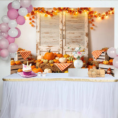 Lofaris Rustic Autumn Holiday Backdrop with Pumpkins and Hay Bales, Distressed Wood Shutters Photography Background for Fall Studio