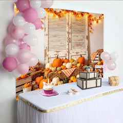 Lofaris Rustic Autumn Holiday Backdrop with Pumpkins and Hay Bales, Distressed Wood Shutters Photography Background for Fall Studio