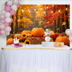 Lofaris Vibrant Autumn Harvest Holiday Backdrop with Pumpkins and Sunflowers, Cozy Fall Forest Photography Background for Thanksgiving