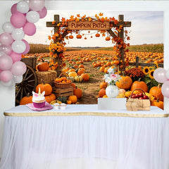 Lofaris Autumn Pumpkin Patch Holiday Backdrop with Wooden Arch, Fall Leaves, Vibrant Harvest Festival Photography Background for Seasonal Decor