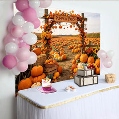 Lofaris Autumn Pumpkin Patch Holiday Backdrop with Wooden Arch, Fall Leaves, Vibrant Harvest Festival Photography Background for Seasonal Decor