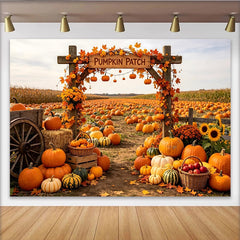 Lofaris Autumn Pumpkin Patch Holiday Backdrop with Wooden Arch, Fall Leaves, Vibrant Harvest Festival Photography Background for Seasonal Decor