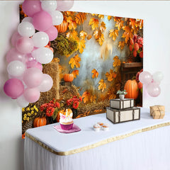 Lofaris Rustic Autumn Photography Backdrop with Pumpkins and Fall Leaves, Seasonal Photo Background for Studio or Party Decor