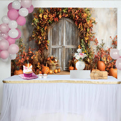 Lofaris Autumn Photography Backdrop with Rustic Wooden Door and Pumpkins, Fall Leaves Studio Background for Seasonal Holiday Decor