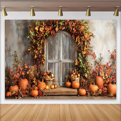 Lofaris Autumn Photography Backdrop with Rustic Wooden Door and Pumpkins, Fall Leaves Studio Background for Seasonal Holiday Decor